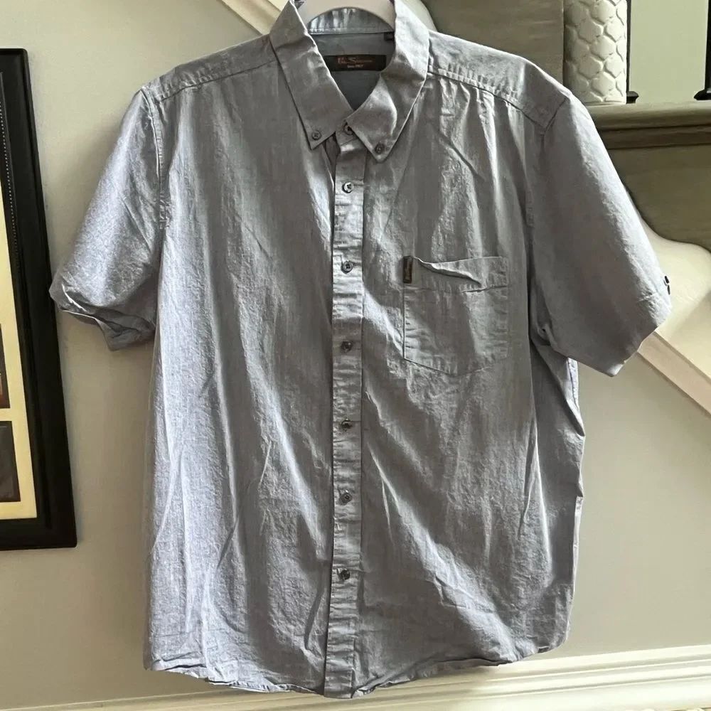 Ben Sherman Short Sleeve Chambray Swiss Dot Button Down Shirt sz XL